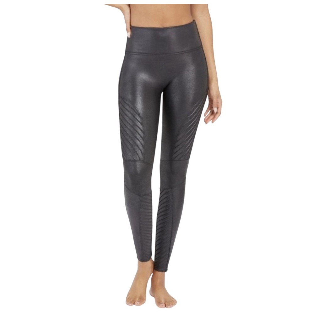 Spanx Faux Leather Moto Leggings Very Black High Waist Ribbed Size Medium M